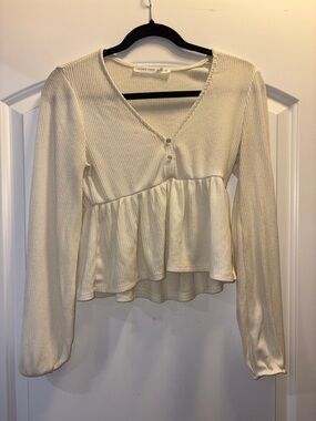 Altar'd State Cream Ribbed V-Neck Peplum Long Sleeve Top